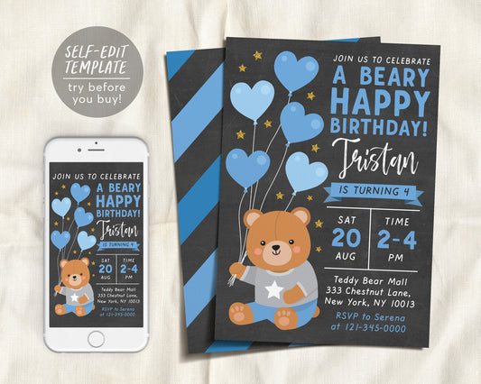 Teddy Bear BOY Birthday Invitation Editable Template, Beary Happy Birthday Invite Printable, Balloons Build A Bear Party Evite, Adopt A Bear