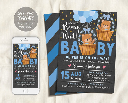 Teddy Bear BOY Balloons Baby Shower Invitation Editable Template, Bear Theme Hot Air Balloon Baby Sprinkle Invite, We Can Bearly Wait