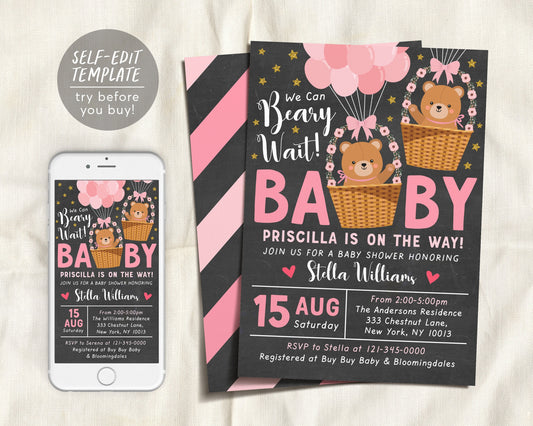 Teddy Bear GIRL Balloons Baby Shower Invitation Editable Template, Bear Theme Hot Air Balloon Baby Sprinkle Invite, We Can Bearly Wait