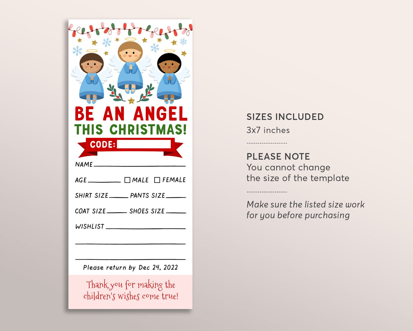 Christmas Giving Tree Gift Tag Editable Template, Donation Slip With Angels Printable, Charity Toy Drive Community Event Church School