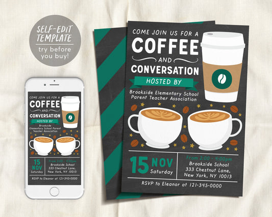 Coffee and Conversation Party Invitation Editable Template, Breakfast HOA PTA PTO School Staff Invite Printable, Coffee Cup Digital Evite