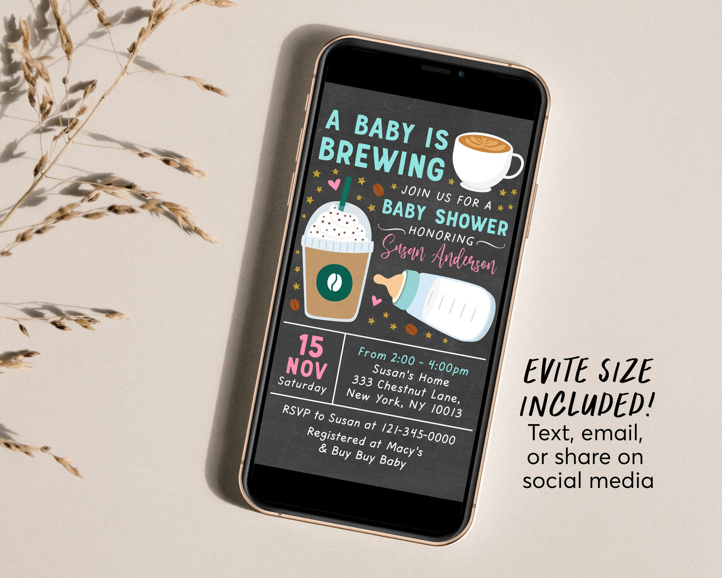 A Baby Is Brewing Baby Shower Invitation Editable Template, Breakfast Coffee Themed Invite Printable, Frappe Milk Bottle Coed Digital Evite