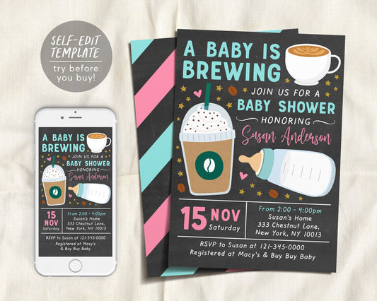 A Baby Is Brewing Baby Shower Invitation Editable Template, Breakfast Coffee Themed Invite Printable, Frappe Milk Bottle Coed Digital Evite