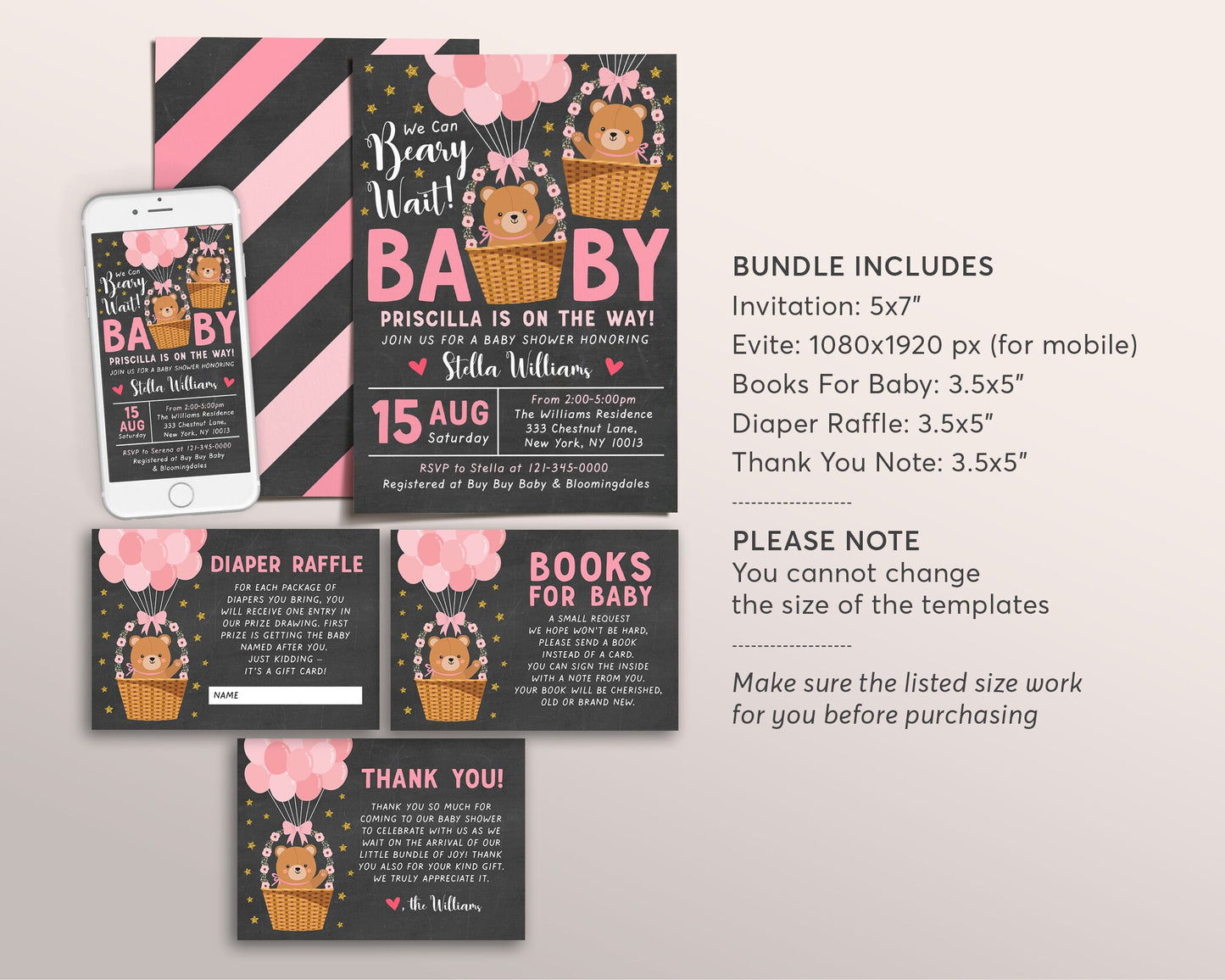 Teddy Bear GIRL BUNDLE Balloons Baby Shower Invitation Editable Template, Bear Hot Air Balloon Baby Sprinkle Invite Set, We Can Bearly Wait