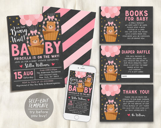 Teddy Bear GIRL BUNDLE Balloons Baby Shower Invitation Editable Template, Bear Hot Air Balloon Baby Sprinkle Invite Set, We Can Bearly Wait