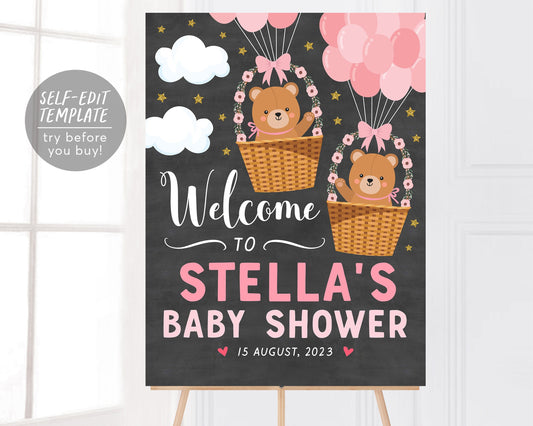 Bear Balloons GIRL Welcome Sign Editable Template, Teddy Bear Hot Air Balloon Baby Shower Sign, Welcome Sprinkle Poster Signage Decorations