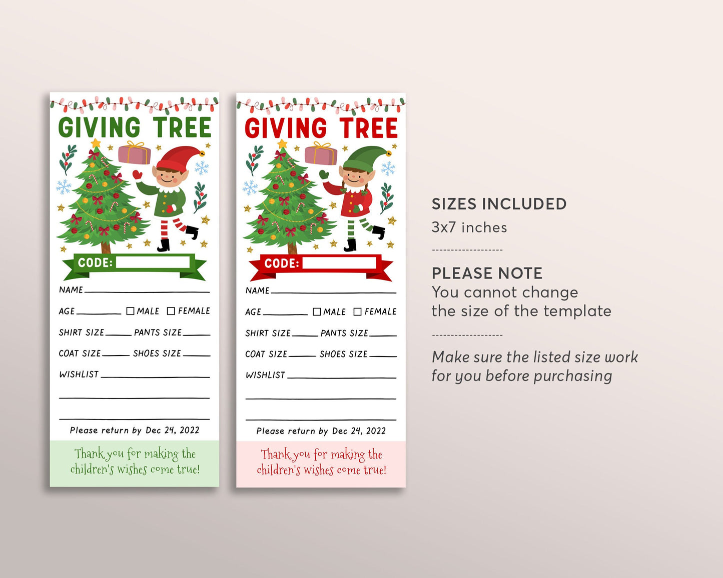 BOY and GIRL Elves Christmas Giving Tree Gift Tag Editable Template, Donation Slip With Elf Printable, Charity Community Event Church School