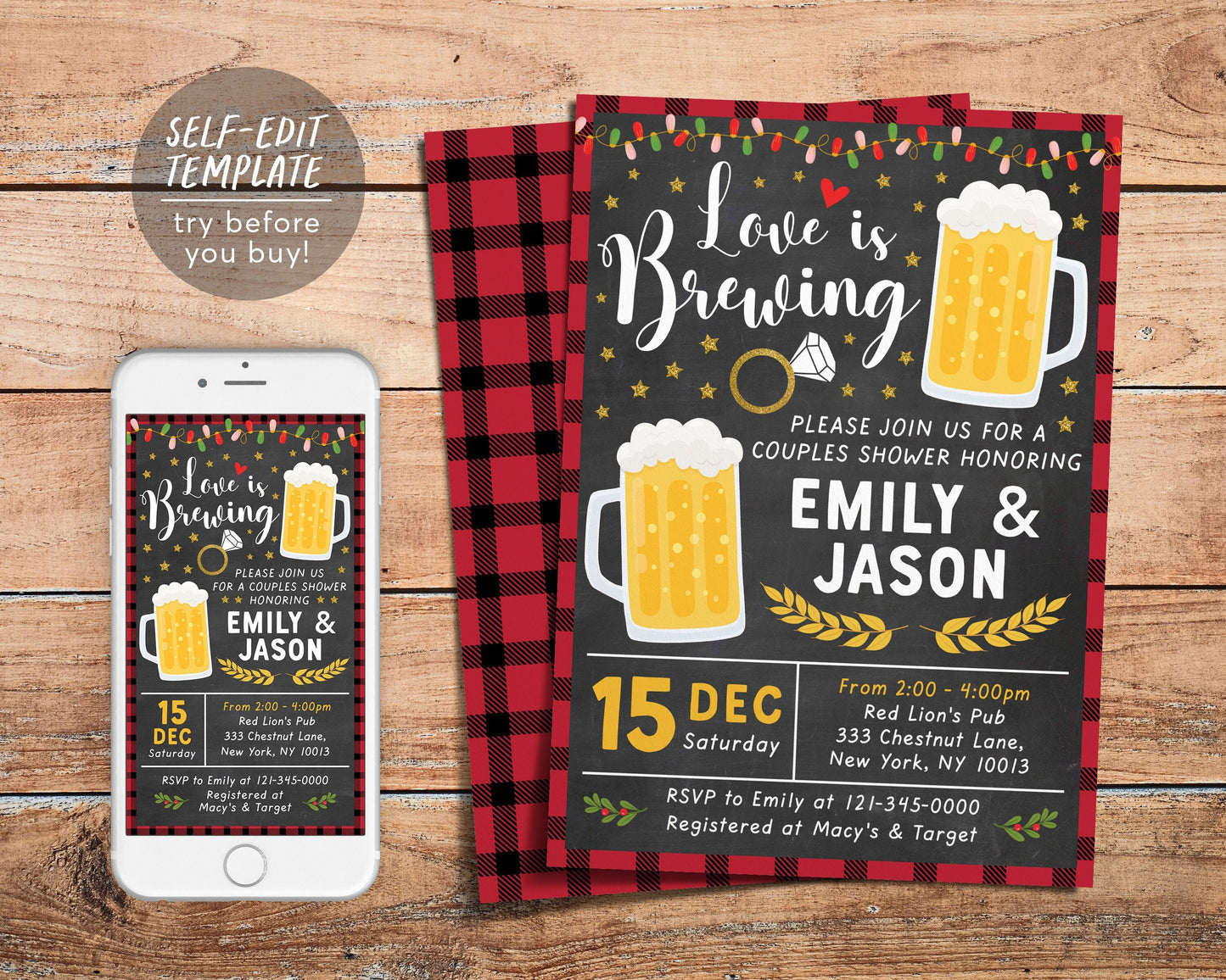 Love is Brewing Beer Co-ed Couples Shower Invitation Editable Template, Holiday Engagement Bridal Shower Wedding, St Patricks Day Invite