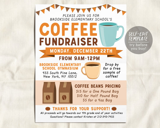 Coffee Fundraiser Flyer Editable Template, School PTA PTO Flyer, Church Business Event Sports Team Charity Benefit Invitation Printable