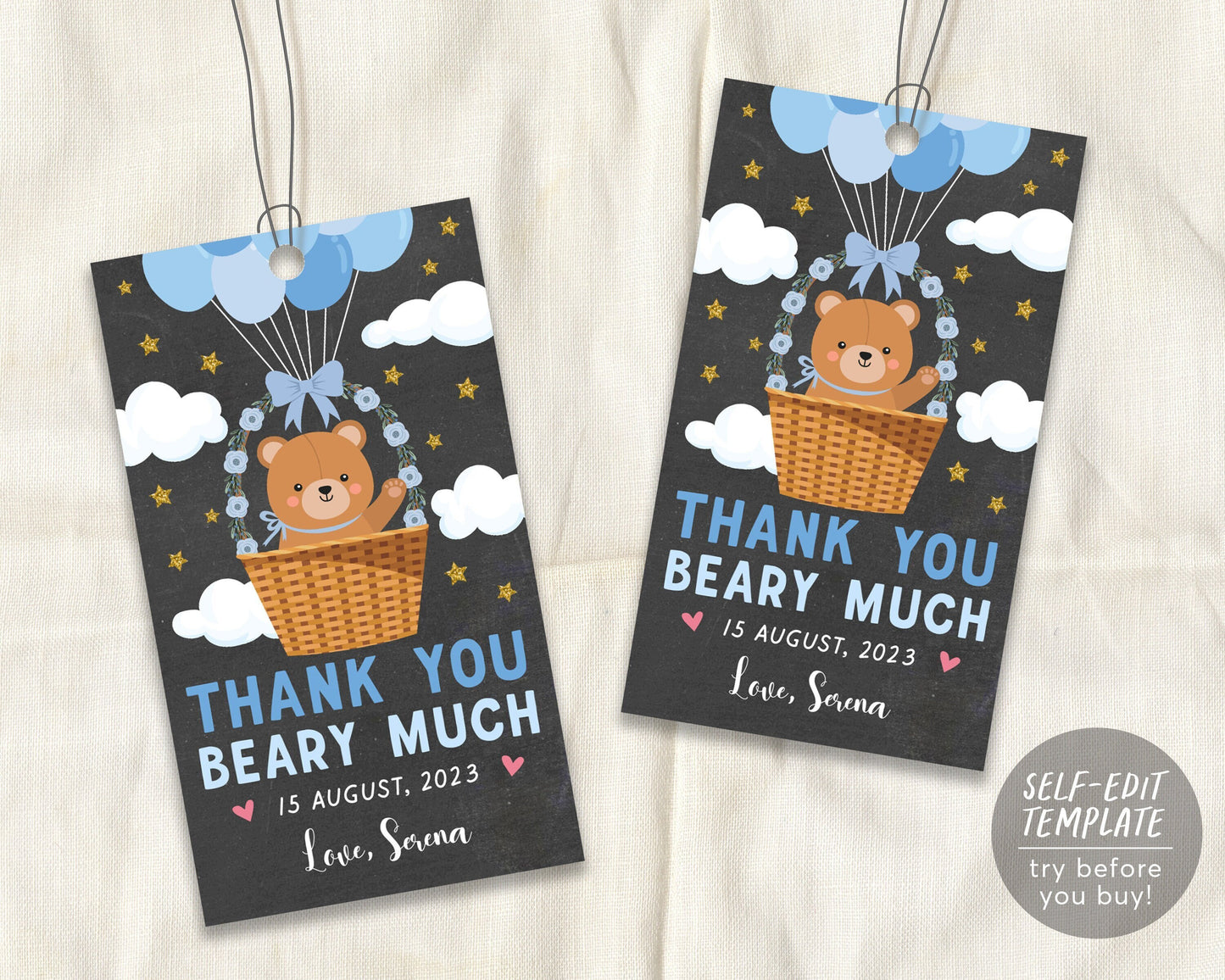 Teddy Bear BOY Baby Shower Favor Tags Editable Template, Bear Hot Air Balloon Baby Sprinkle Thank You Gift Tag Printable, Instant Download