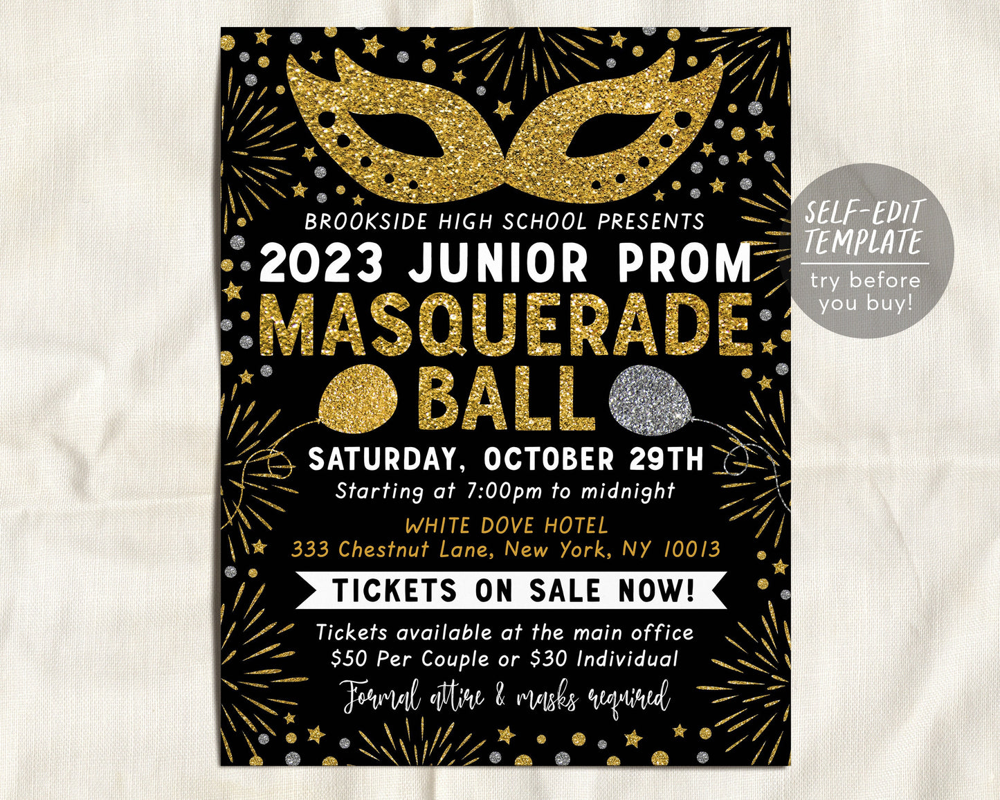 Prom Night Dance Flyer Masquerade Ball Editable Template, Junior Senior Prom Homecoming Flyer Printable, Masked Party Bash, Gold Glitter