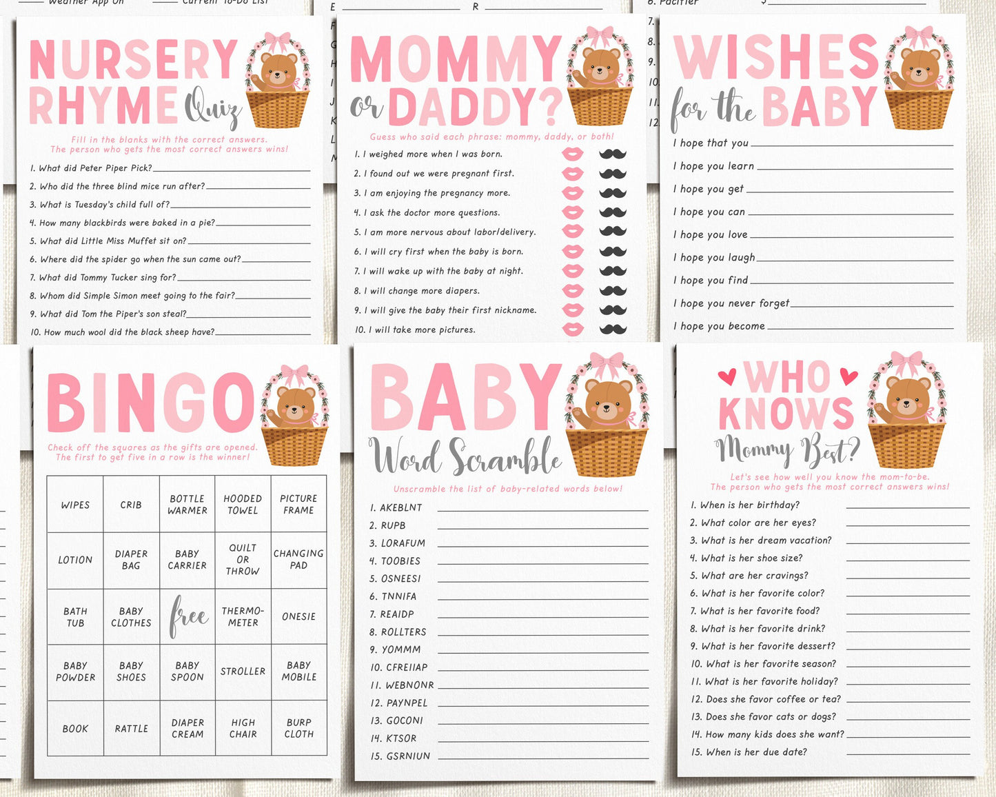 Teddy Bear GIRL Cute Baby Shower Games Bundle Editable Template, 12, Games, Bear Themed Bingo Emoji The Price Is Right Wishes For The Baby