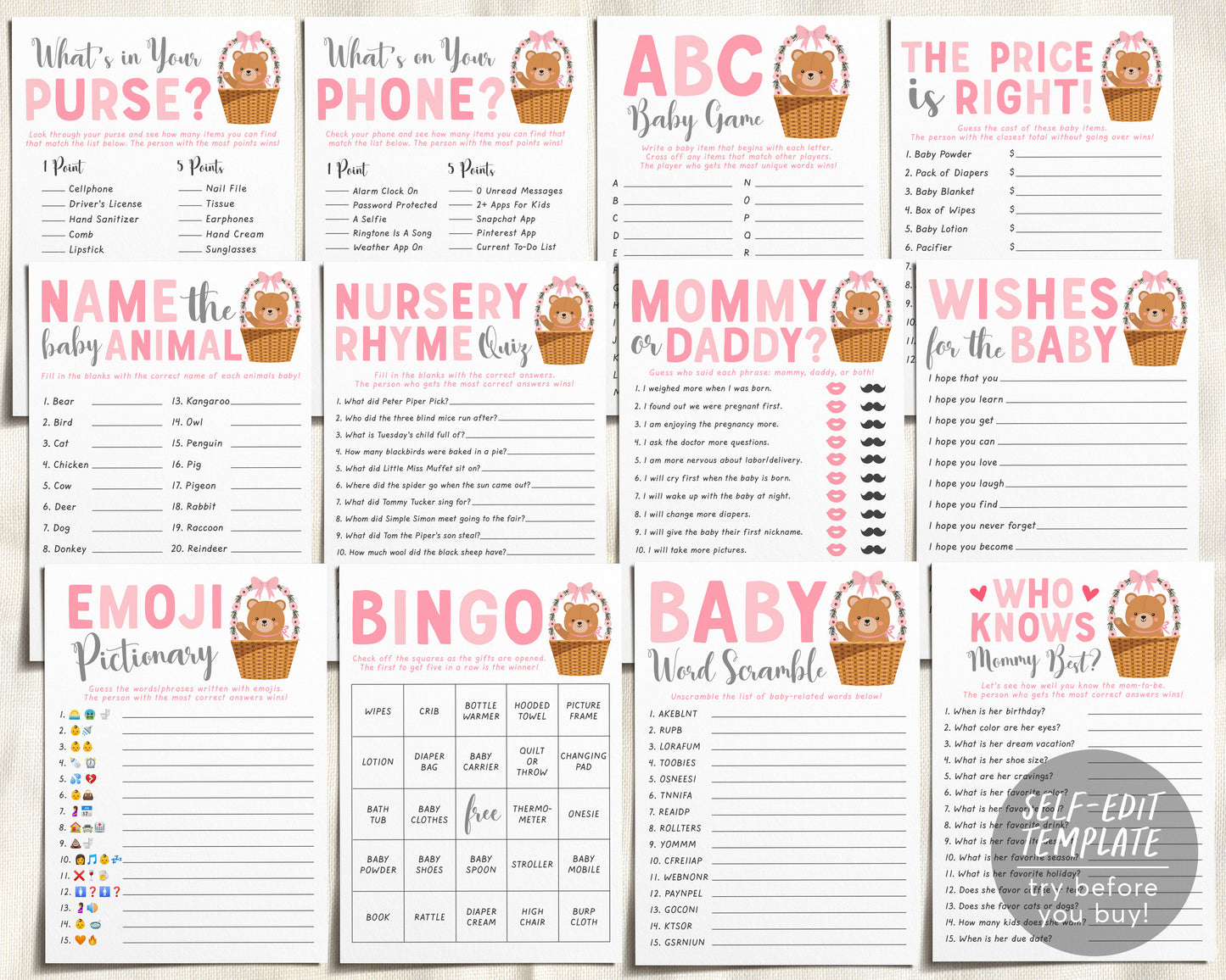 Teddy Bear GIRL Cute Baby Shower Games Bundle Editable Template, 12, Games, Bear Themed Bingo Emoji The Price Is Right Wishes For The Baby