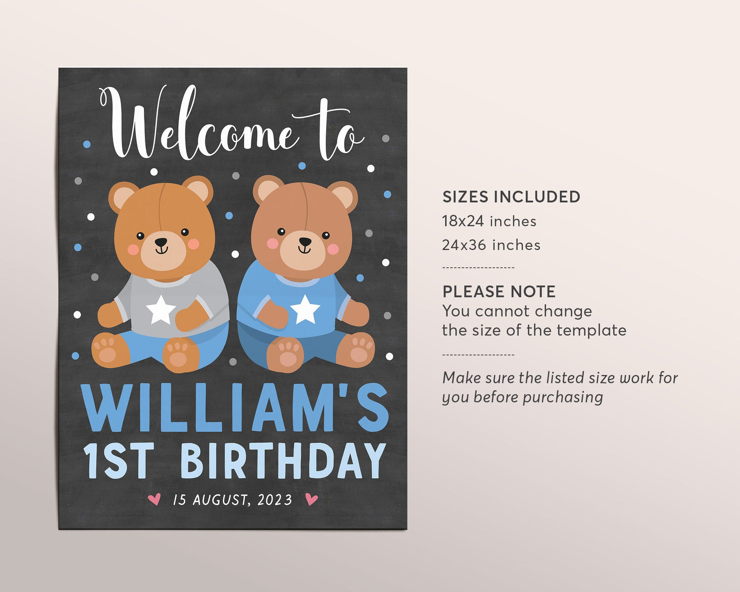 Teddy Bear BOY Welcome Sign Editable Template, Bear Welcome Birthday Party Poster, Build A Bear First Birthday Decoration Chalkboard Signage