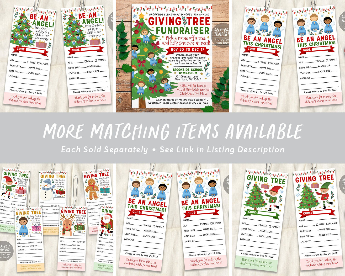 Christmas Giving Tree Gift Tag BUNDLE Editable Template, Donation Slip With Angel Santa Elf Printable, Charity Community Event Church School