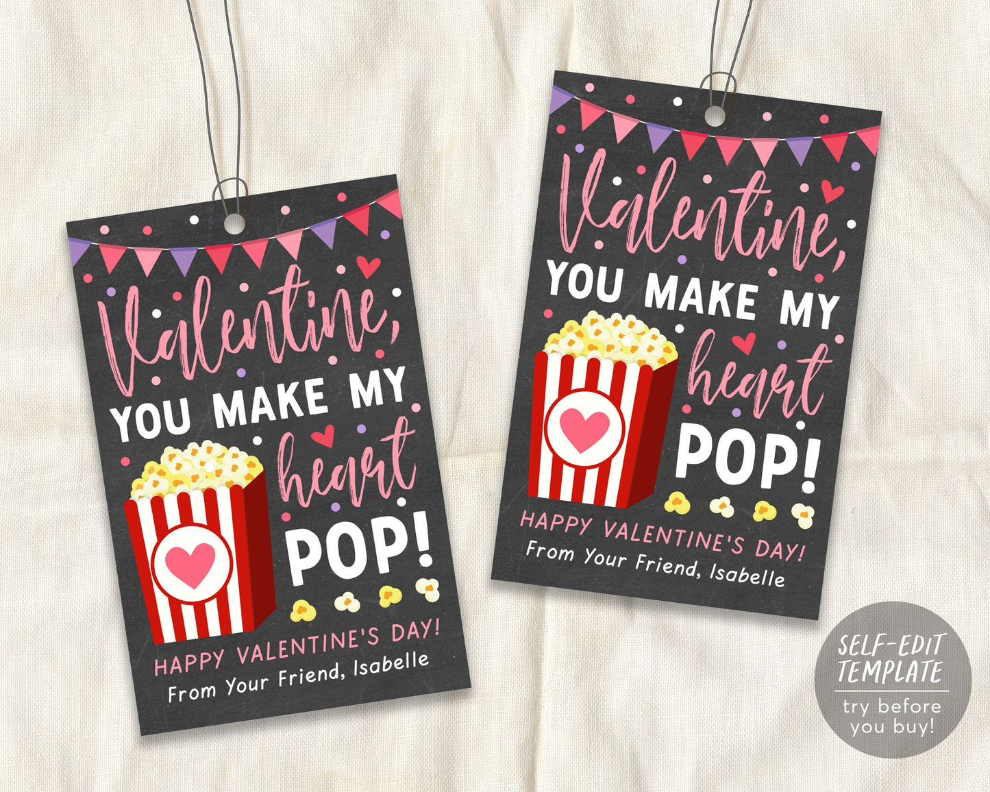 Valentine's Day Popcorn Printable Favor Tags Editable Template, Valentine Gift Tag For Teacher Friend Classroom School Kids, Treat Tag