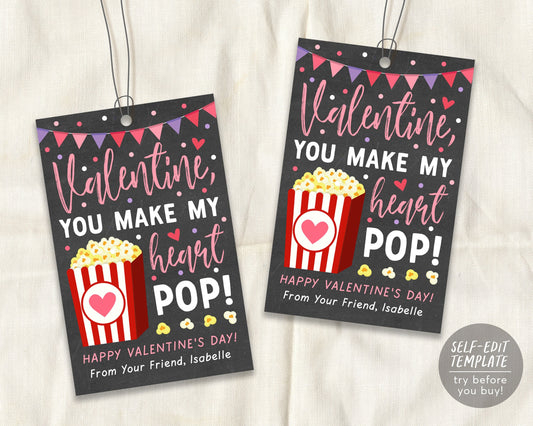 Valentine's Day Popcorn Printable Favor Tags Editable Template, Valentine Gift Tag For Teacher Friend Classroom School Kids, Treat Tag