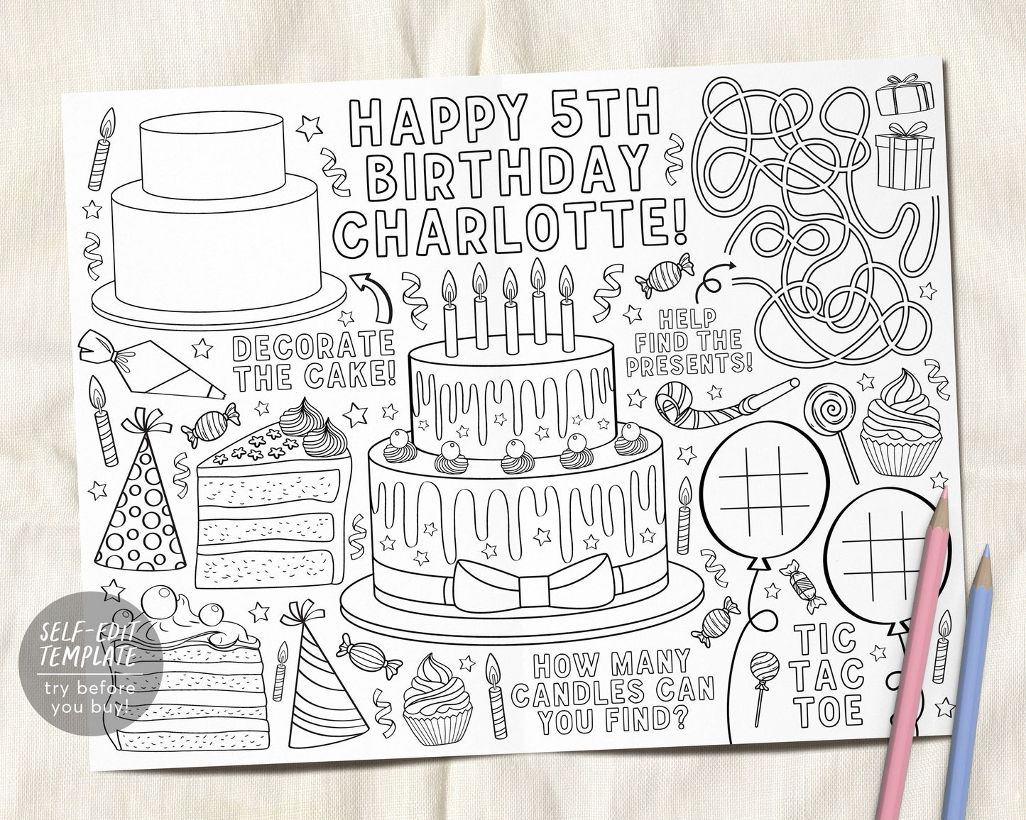 Birthday Party Coloring Placemat For Kids Editable Template, Birthday Cake Coloring Page Craft Activity Sheet Table Mat Printable Games