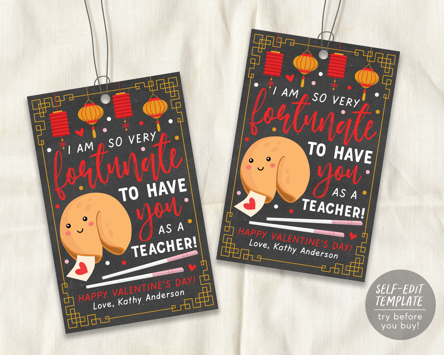 Valentine Fortune Cookie Favor Tags Editable Template, Fortunate to Have you as Teacher Gift Tag, Valentine School Appreciation Treat Tag