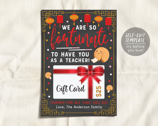 Teacher Appreciation Gift Card Holder Fortune Cookie Editable Template, Teacher's Day Thank You Gift Ideas, Chinese Food Restaurant Gift Tag