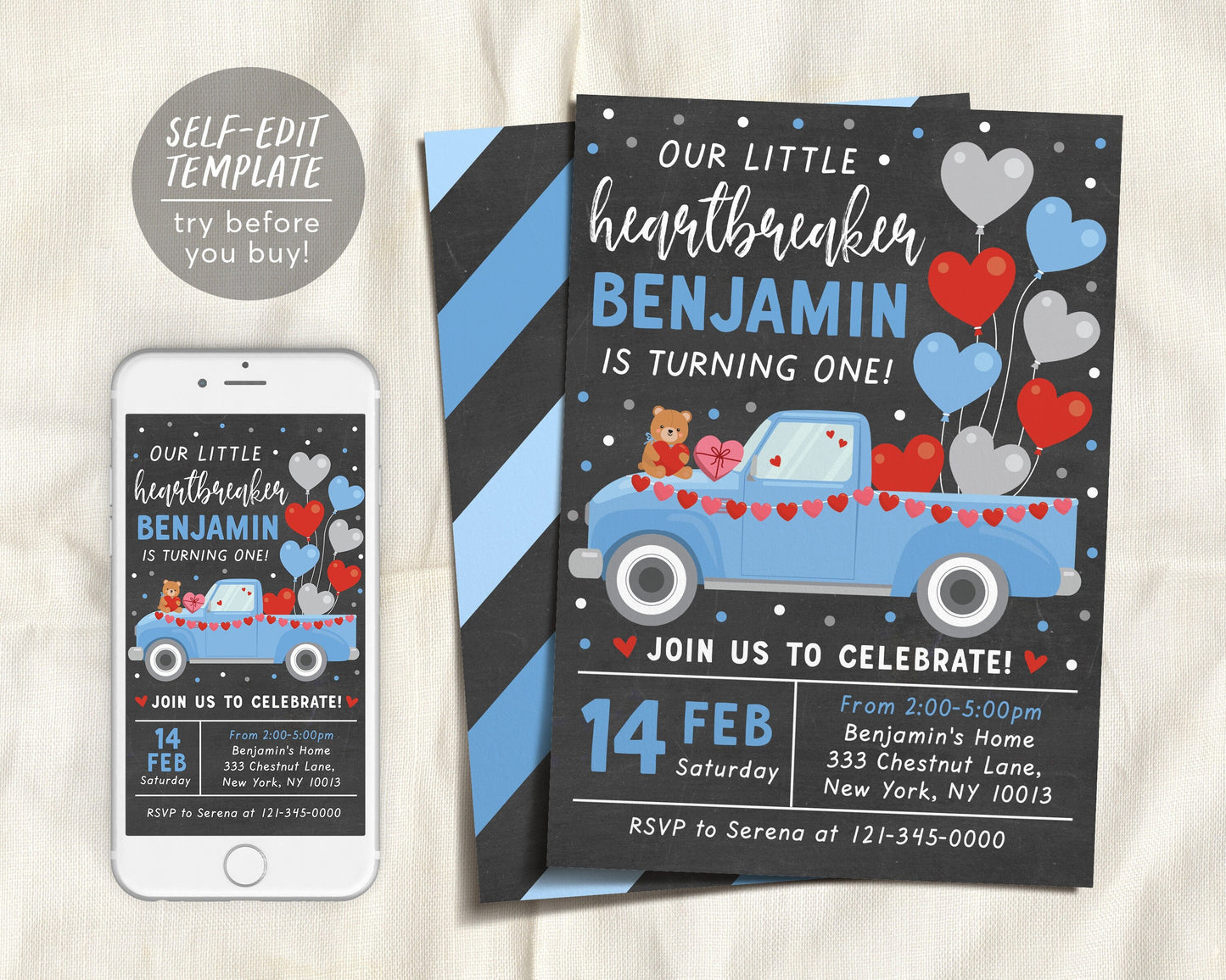 Valentine Birthday Invitation Editable Template, Heartbreaker BOY Birthday Invite, Valentines Day Truck Heart Teddy Bear Party Evite