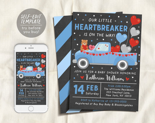 Valentine BOY Baby Shower Invitation Editable Template, Little Heartbreaker February Truck Baby Sprinkle, Valentine's Day Love Hearts