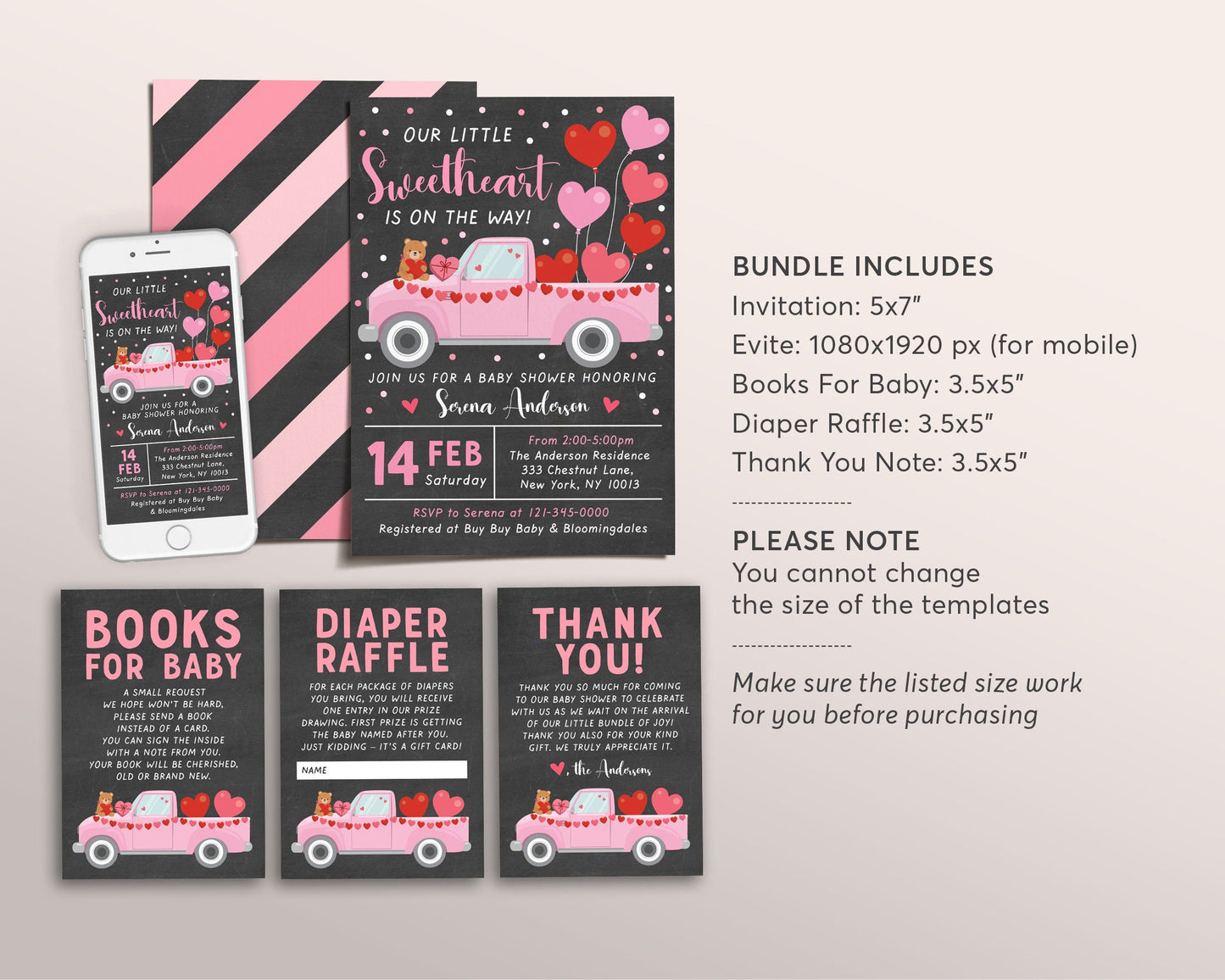 Valentine's Day GIRL Baby Shower BUNDLE Invitation Suite Set Editable Template, Little Sweetheart Books For Baby Diaper Raffle Thank You