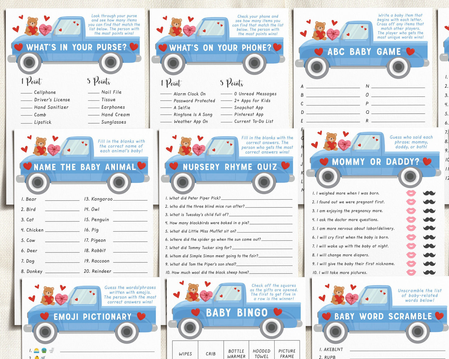 Valentine Love Heart BOY Baby Shower Games Bundle Editable Template, 12 Shower Games, Valentines Day Truck Themed Heartbreaker Bingo Emoji