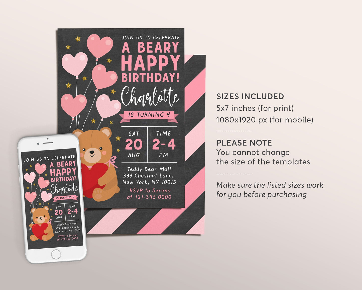 Cute Teddy Bear GIRL Birthday Invitation Editable Template, Heart Balloons Beary Happy Birthday Invite Printable, Build A Bear Party Evite