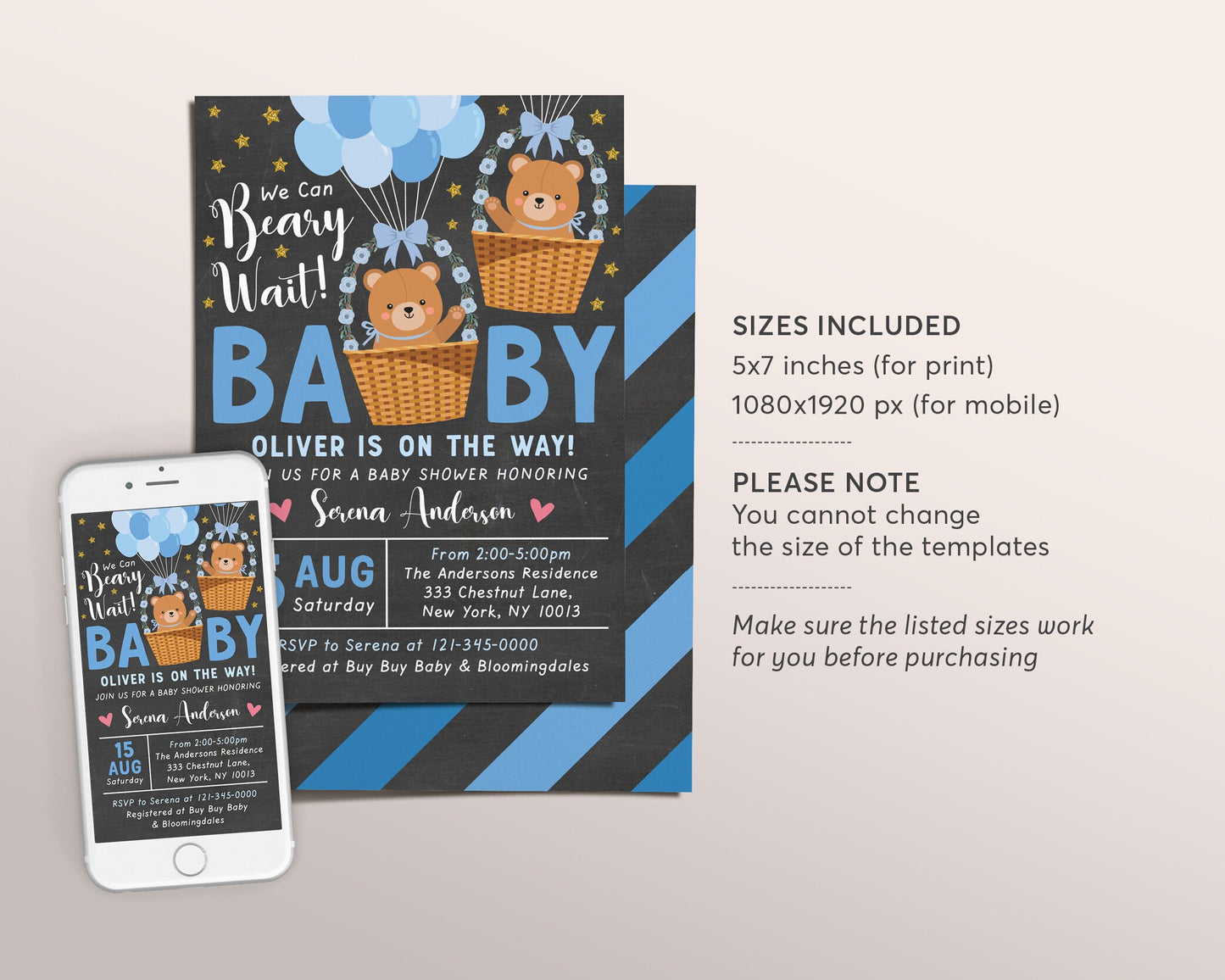 Teddy Bear BOY Balloons Baby Shower Invitation Editable Template, Bear Theme Hot Air Balloon Baby Sprinkle Invite, We Can Bearly Wait