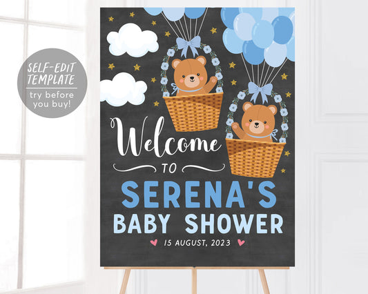 Bear Balloons BOY Welcome Sign Editable Template, Teddy Bear Hot Air Balloon Baby Shower Sign, Welcome Sprinkle Poster Signage Decorations