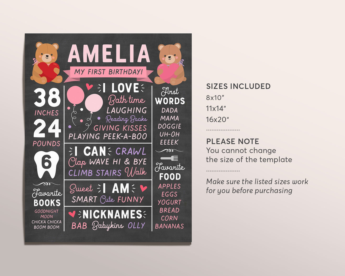 Teddy Bear GIRL Milestone Sign Editable Template, 1st Birthday Milestone Board, Beary Sweet First Birthday Party Chalkboard Sign Printable