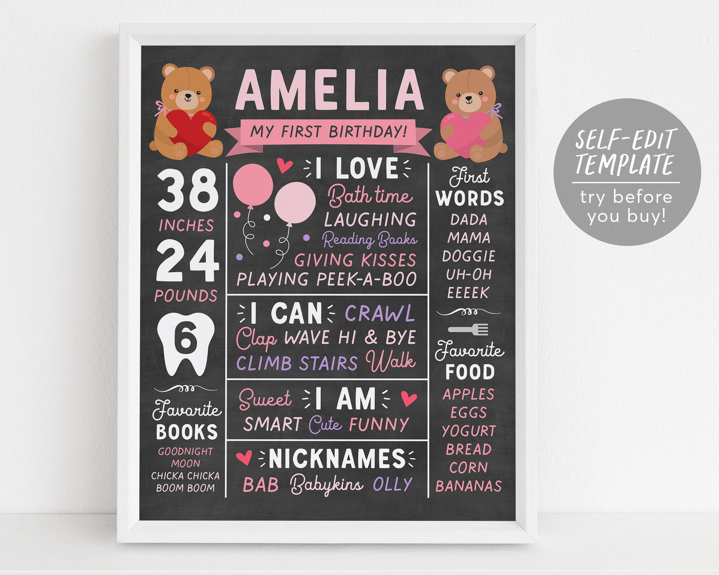 Teddy Bear GIRL Milestone Sign Editable Template, 1st Birthday Milestone Board, Beary Sweet First Birthday Party Chalkboard Sign Printable