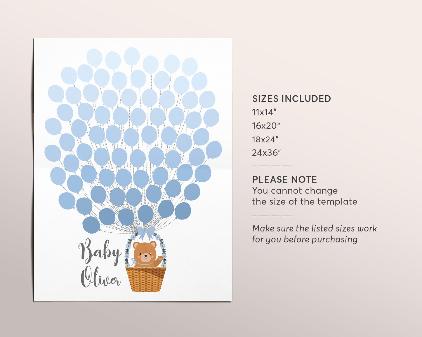 Teddy Bear BOY Baby Shower Guestbook Alternative Editable Template, Balloons Basket Signature Guest Book, First Communion, Sign-In Balloons