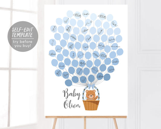 Teddy Bear BOY Baby Shower Guestbook Alternative Editable Template, Balloons Basket Signature Guest Book, First Communion, Sign-In Balloons