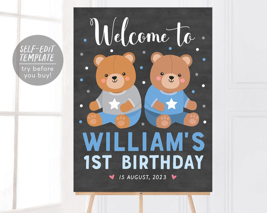 Teddy Bear BOY Welcome Sign Editable Template, Bear Welcome Birthday Party Poster, Build A Bear First Birthday Decoration Chalkboard Signage