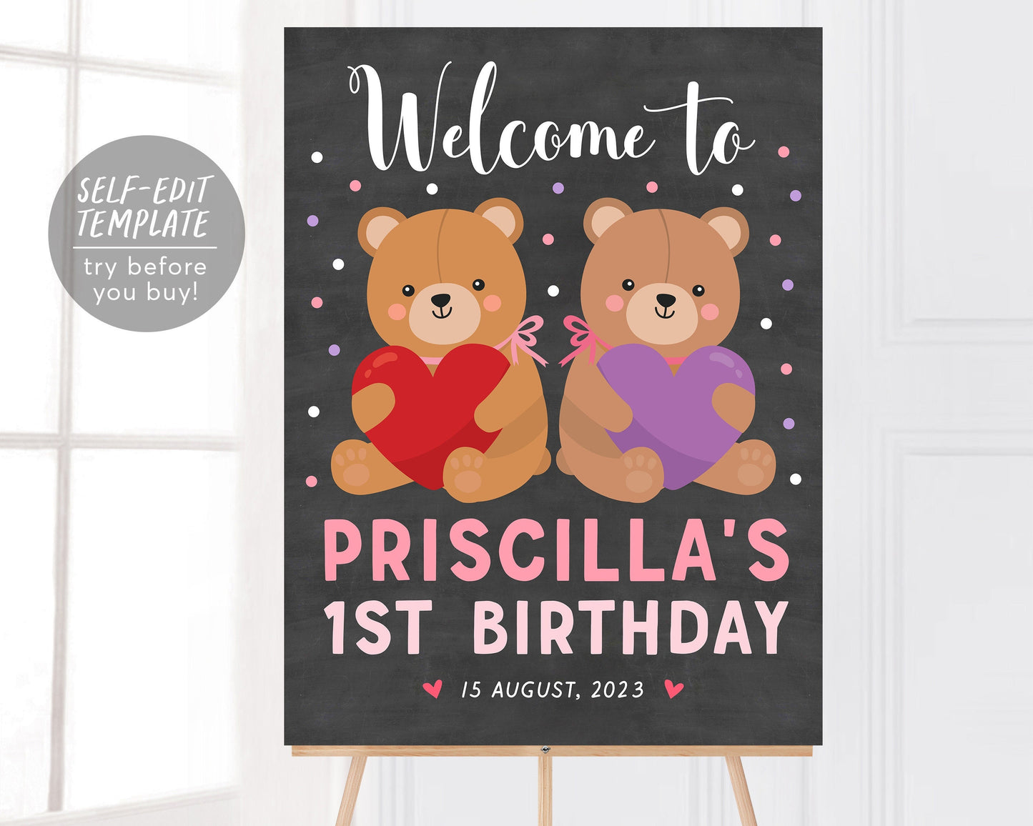 Teddy Bear GIRL Welcome Sign Editable Template, Bear Welcome Birthday Party Poster Build A Bear First Birthday Decoration Chalkboard Signage