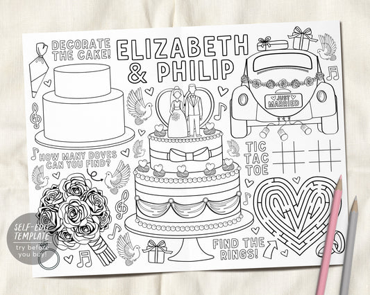 Wedding Coloring Placemat For Kids Editable Template, Personalized Activity Mat Reception Game Sheet Printable, Place Mat Wedding Table
