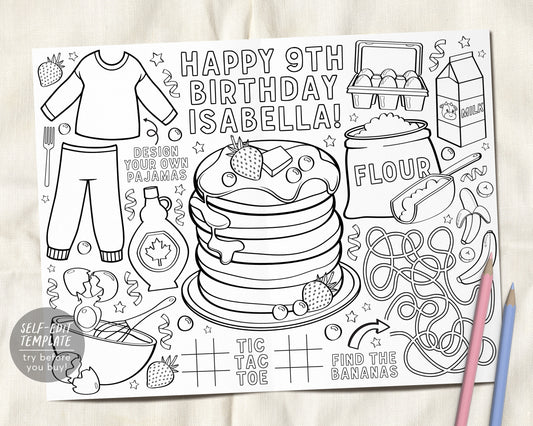 Pancakes And Pajamas Coloring Placemat For Kids Editable Template, Birthday Pancake Party Coloring Page Sheet Table Mat, PJ Sleepover