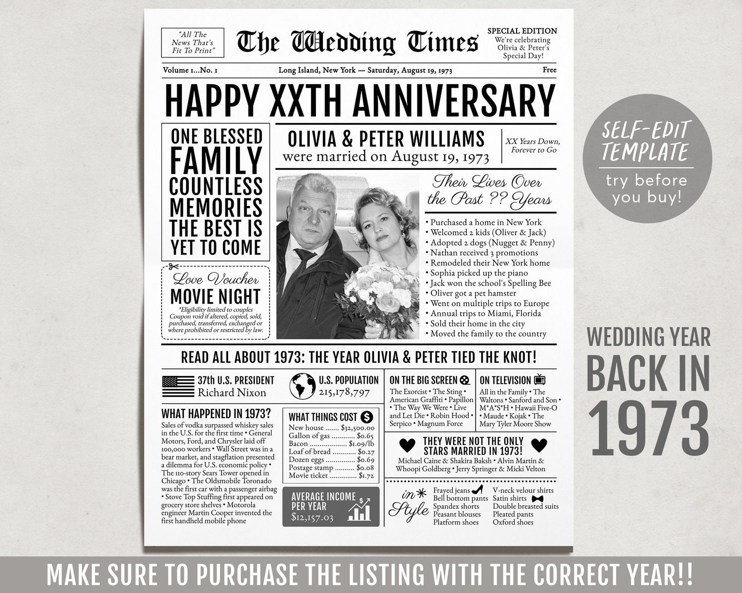 Back in 1973 50th 51st 52nd Anniversary Gift Newspaper Editable Template, Personalized 50 51 52 Year Wedding For Parents Husband Or Wife