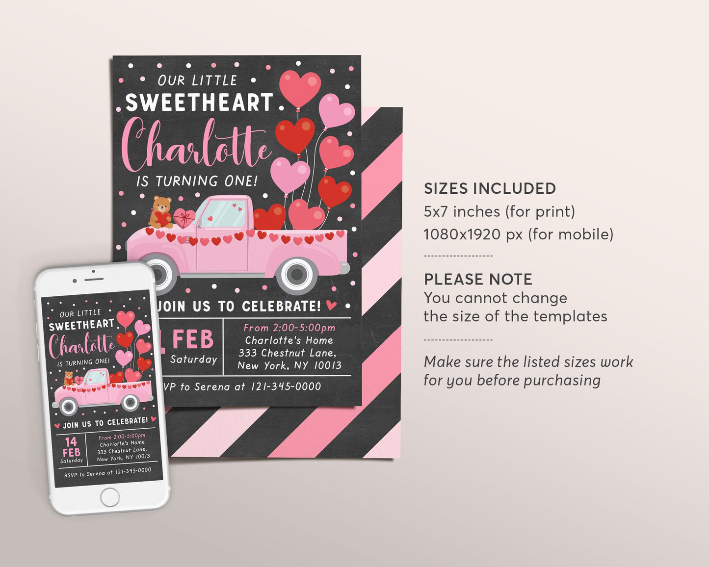 Valentine Birthday Invitation Editable Template, Sweetheart Girl Birthday Invite, Valentines Day Truck Heart Teddy Bear Party Evite
