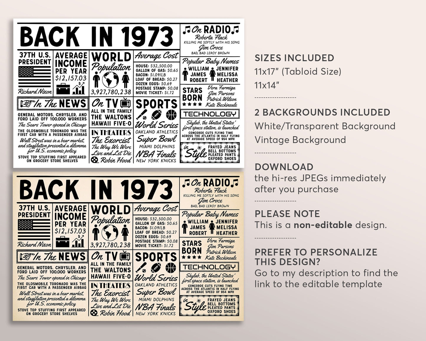 Back In 1973 Printable Placemat Instant Download, Born in 1973 Decor For Birthdays Anniversary High School Reunion, Newspaper Table Setting