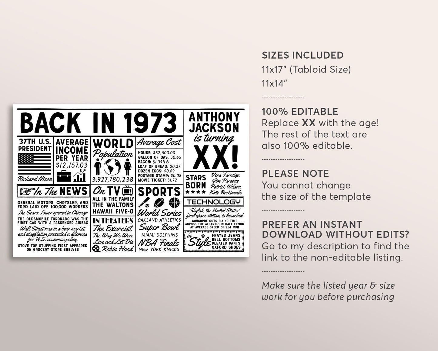 Back In 1973 Printable Placemat Editable Template, Born in 1973 Decor For Birthdays Anniversary High School Reunion, Newspaper Table Setting