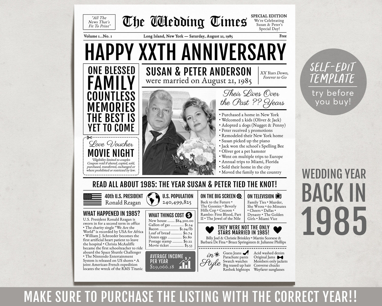 Back in 1985 38th 39th 40th Anniversary Gift Newspaper Editable Template, Personalized 38 39 40 Year Wedding For Parents Husband Or Wife