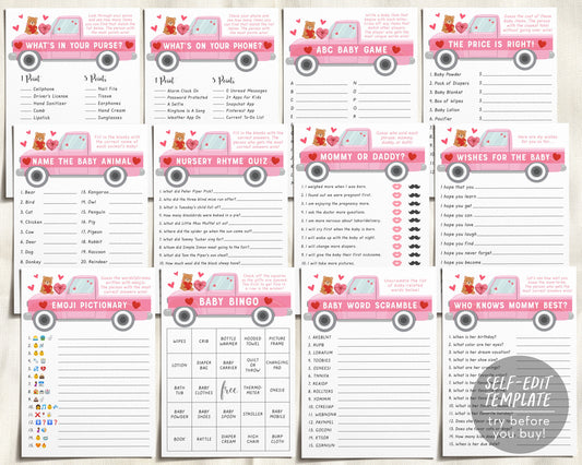 Valentine Love Heart GIRL Baby Shower Games Bundle Editable Template, 12 Shower Games, Valentines Day Themed Sweetheart Bingo Emoji
