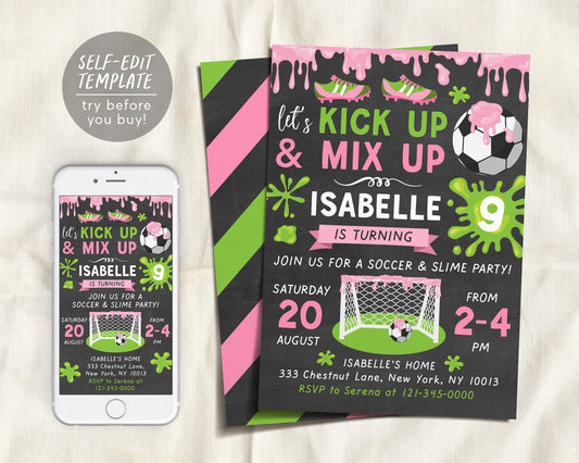 Girl Soccer And Slime Birthday Party Invitation Editable Template, Sports Theme Invite For Kids, Kick Up And Mix Up, Sports Evite Printable