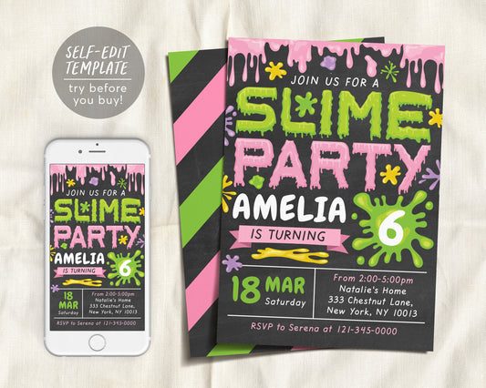 Slime GIRL Birthday Party Invitation Editable Template, Slime Invite For Kids, Time For Slime, Chalkboard Evite Printable, Instant Download