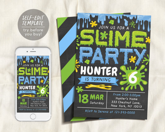 Slime BOY Birthday Party Invitation Editable Template, Slime Invite For Kids, Time For Slime, Chalkboard Evite Printable, Instant Download