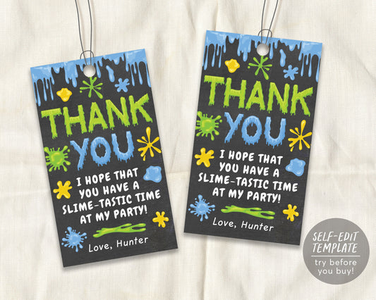 Slime BOY Thank You Birthday Party Tags Editable Template, Slime Favor Tags For Kids, Time For Slime, Chalkboard Printable, Instant Download