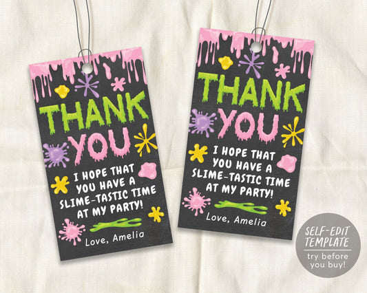 Slime GIRL Thank You Birthday Party Tags Editable Template, Slime Favor Tags For Kids, Time For Slime, Chalkboard Printable Instant Download